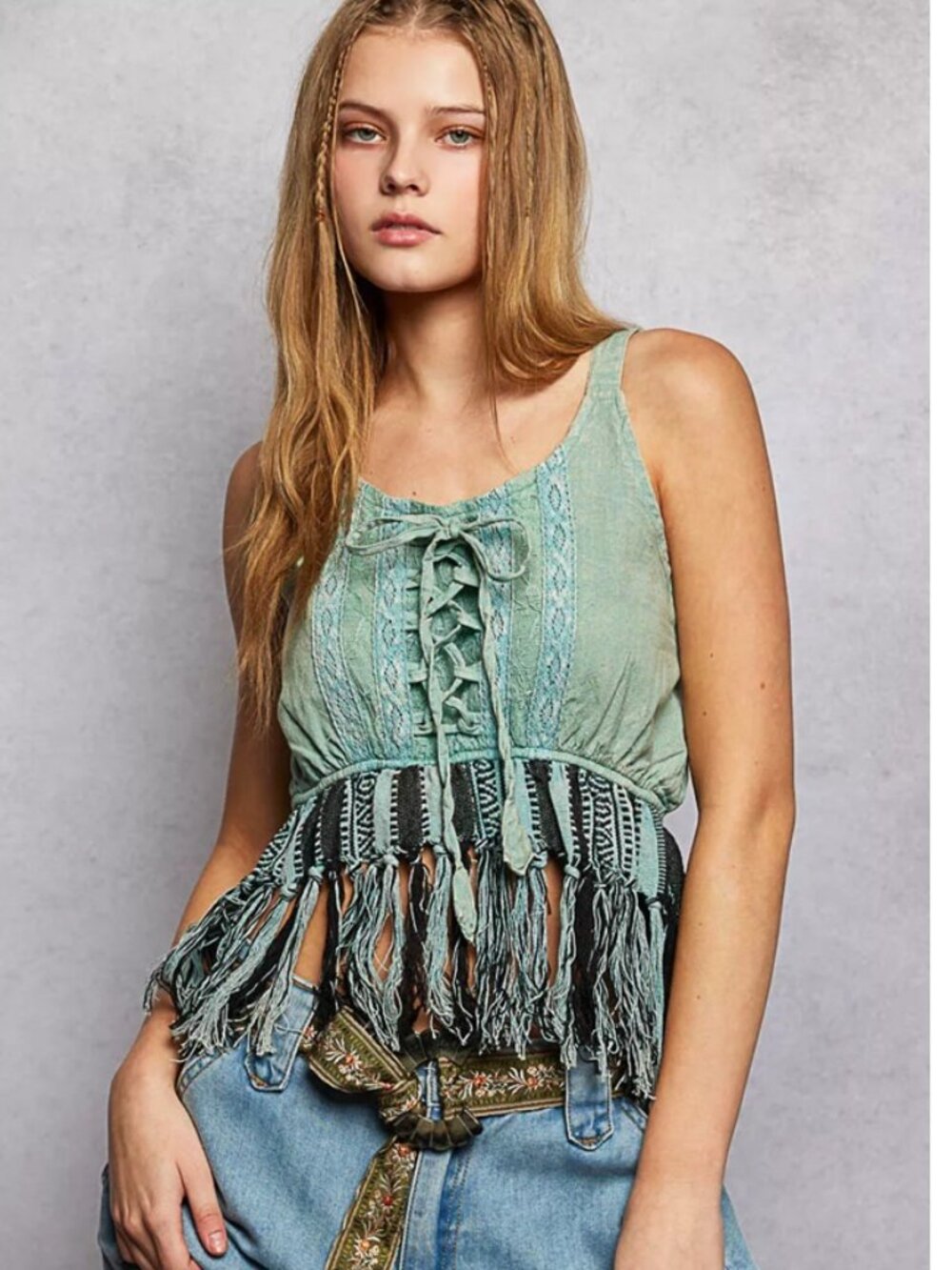 POL Lace-Up Fringe Hem Tank Top Shirt